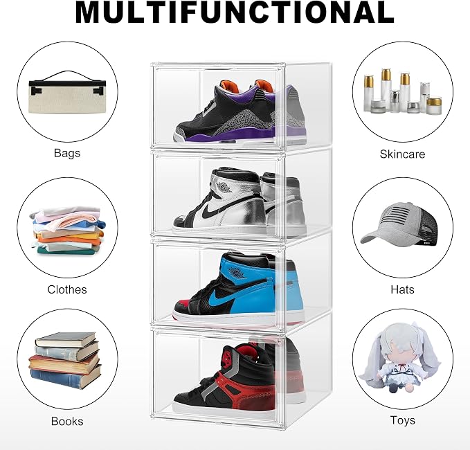 12 Pack Clear Shoe Boxes Plastic Stackable ‌Shoe Cabinet‌,Size 12.5 | Acrylic Magnetic Lids Drop Side Sneaker Display Case for Closet, Entryway, Fits Men's or Women's Shoes up to Size 12.5
