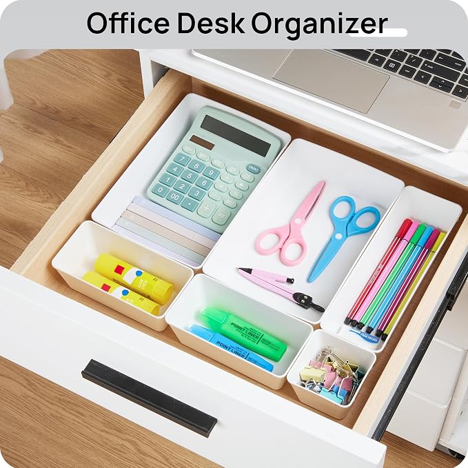 Vtopmart 44 PCS Plastic Drawer Organizer Set, Vanity Organizer Trays, White | 4-Size Versatile Makeup Organizer, Non-Slip Storage Containers for Makeup, Jewelries, Bedroom，Kitchen Utensils and Office