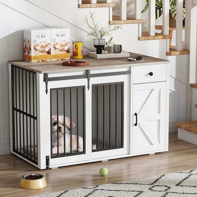 Verano Garden 44" Dog Crate Furniture, Dog Kennel (44" Right Facing Door) | 2-in-1, Lockable, Sliding Door, Removable Divider, Adjustable Shelf, Farmhouse, Heavy Duty, Small Medium Dogs, White
