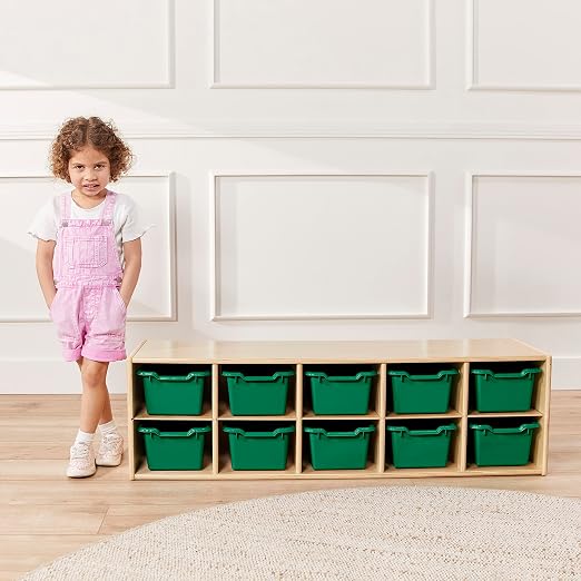 ECR4Kids Scoop Front Storage Bins, Multipurpose Organization, Green, 10-Piece | Durable plastic, GREENGUARD Gold Certified, 1.2 gallon capacity, lightweight & nestable, built-in handle, classroom/home use