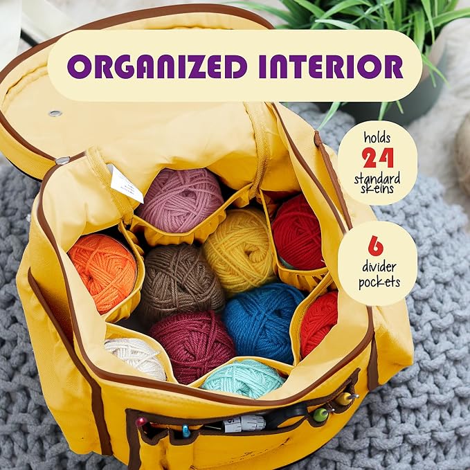 Hearth & Harbor Crochet Bag Organizer – Durable Knitting Bag, Yarn Organizer for Accessories and Supplies, Canvas Yarn Holder, Crochet Carrying Case with Accessories Pouch, Storage Organizer –Mustard