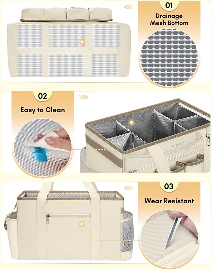 Ytonet Extra Large Cleaning Caddy Bag with Detachable Apron, Cleaning Supplies Organizer with Foldable Dividers, Portable Cleaner Tote with Handle, Cleaner Caddy for Kitchen, Detailing Bag, Apricot