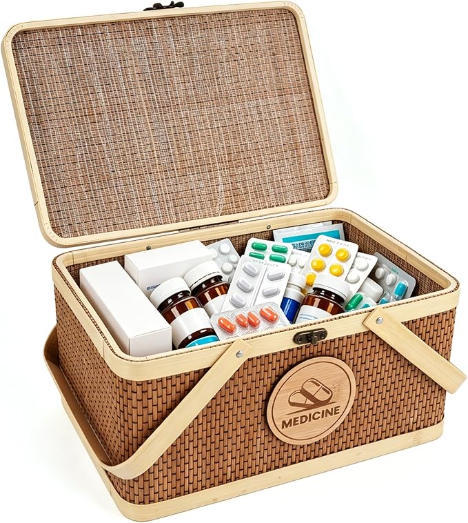 Medicine Basket, Medicine Basket Organizer with Lid, Seagrass Storage Basket Bins for Medicine Pill Vitamin Bottle