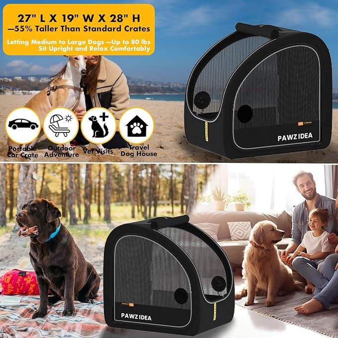 PAWZIDEA Portable Dog Crate for Car Travel, Medium & Large Dogs Up to 80lbs | Enclosed Soft-Sided Dog Car Kennel for Backseat, Secures w/ Seatbelt & Headrest Strap, Collapsible Car Carrier, Chew-Proof