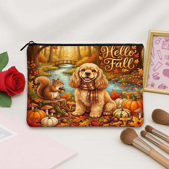Fall Cocker Spaniel Dog Makeup Bag, Holiday Funny Forest Cosmetic Travel Pouch for Women, Portable Small Canvas Zipper Organizer, Autumn Toiletry Bag 7x9 Inch