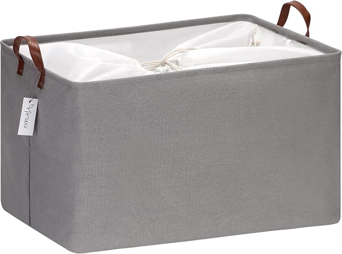 Hinwo 70L Extra Large Canvas Storage Bin with Lid and Handles | Collapsible Fabric Basket, Closet Shelf Organizer, Container for Clothing, Blankets, Toys, Bedding (Gray)