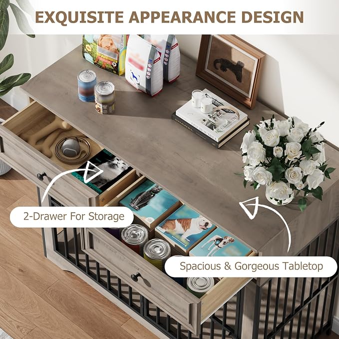 QUW 42" Modern Dog Crate Furniture, Wooden Dog Kennel, Grey | Medium to Large, 360° Rotating & 3-Levels Adjustable Height Dogs Bowl Holder, Decorative Dogs Cage Pet House Indoor