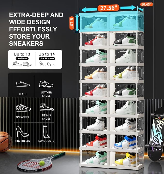 CIMLORD 9-Tier Foldable Shoe Rack Organizer, Magnetic Doors,18 Pairs,White | Collapsible Plastic Shoe Cabinet, 4-Sided Clear Doors, Stackable, Fits High Shoes&Sneakers, Easy Assembly, Closet, Cloakroom