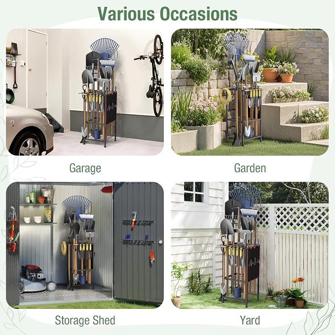 Garden Tool Organizer,Metal Yard Tool Organizer ,Holds 50 Long-Handled Tools/Rakes/Brooms,Side Garden Pocket ,Heavy Duty Steel Yard Tool Storage Rack for Garage,Shed, Outdoor