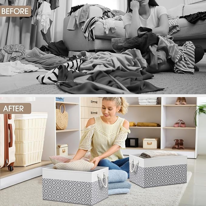 StorageTastic Storage Bins, 3-Pack Large Storage Box | with Rope Handles, Collapsible Storage Basket for Organizing Books, Clothes, Rhombic Grey