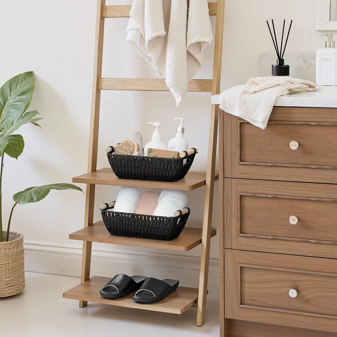 StorageWorks Small Storage Basket, Organizing Baskets for Shelf, Black | Wicker Storage Baskets for Shelves, Baskets with Wooden Handles, 2-Pack Gifts Basket for Home Decor, Hand-Woven Basket