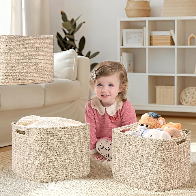 3 Pack Cube Storage Bin, 12”x12”x10” Cotton Rope Woven Baskets for Organizing Toys Clothes Towels, Square Gift Storage Baskets for Shelves, Nursery, Closet, Bathroom, Pantry (Jute)