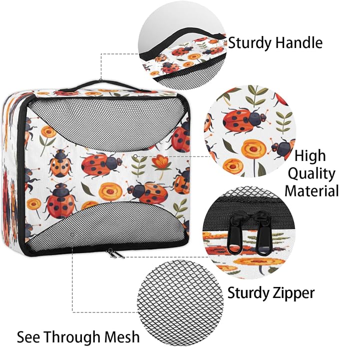 Packing Cubes for Travel, Floral Ladybugs Travel Luggage Packing Organizers for Women Men, Large Custom Toiletries Bag for Cosmetics Toiletries, Ladybugs Ladybird