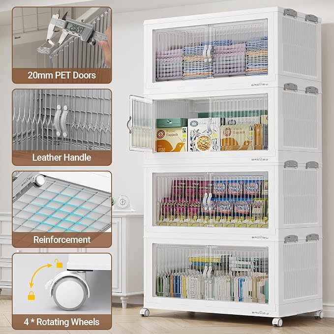 BROVIEW 1000QT Extra Large Stackable Storage Bins with Lids, 5Pack White | 250Gal Plastic Collapsible Cabinets Containers, Wheels & PET Doors, Foldable Closet Organizers Drawers for Office, Dorm