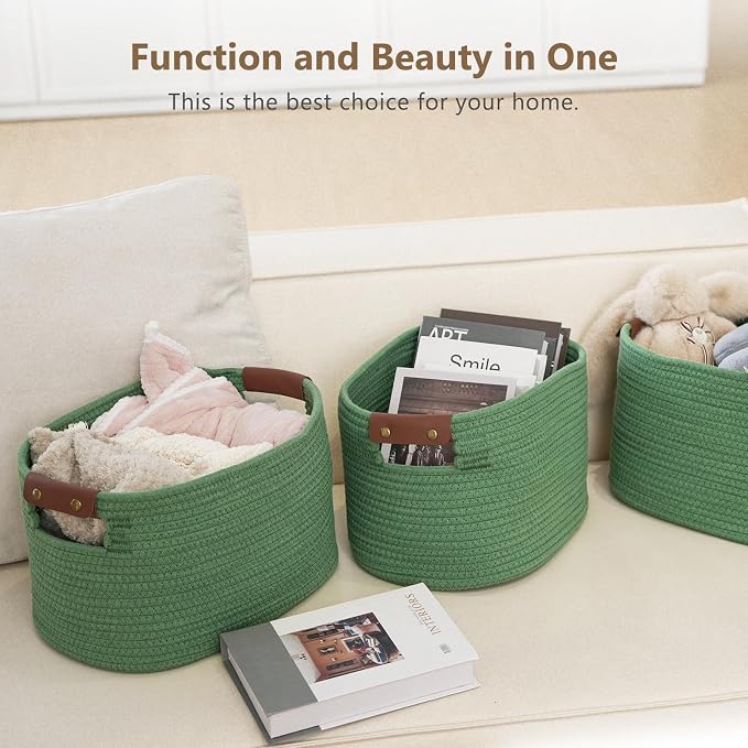 ECDYQXVU 15x10x9 Woven Cotton Rope Storage Basket, Leather Handles 3 Pack | Foldable Design, Sturdy PU Handles, Easy to Clean Organizer for Living Room, Closet, Shelves, Bedroom, Laundry, Clothes