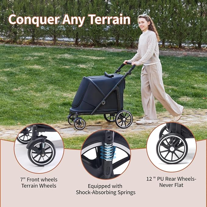 Dog Stroller for Large Dogs, 100 Lbs Capacity Heavy Duty Extra Large Pet Stroller for Medium Dogs, All Terrain Dog Wagon Cart with 12" PU Wheels, Shock Absorption, Adjustable Handle, Black