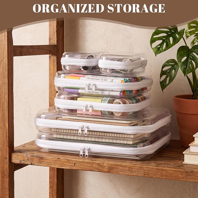 15 Pack Clear Hard Shell Zipper Case with 40 Labels, X-Large/Medium/Small Stackable Clear Pouches, Crush-resistant Travel Toiletry Bag Organizer for Makeup Board Games Electronics (White)