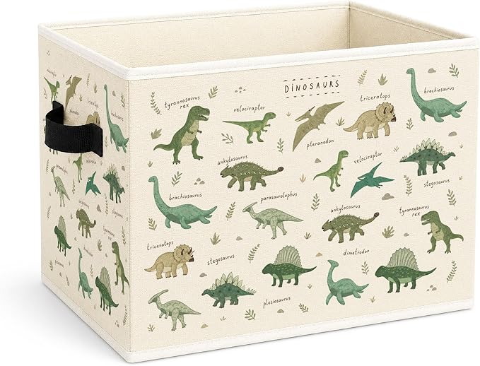 Dinosaur Storage Bin, Foldable Fabric Organizer | Watercolor dinosaur storage bin for toys, books, clothes, blankets, nursery supplies, playrooms, shelves, and closets.