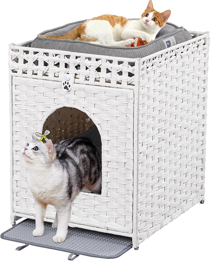 Snughome Cat Litter Box Enclosure Furniture Hidden with Litter Mat, Hidden Washroom Furniture with Door, Handwoven Rattan Cat Washroom Box, Indoor Pet House for Living Room, Bedroom(White)