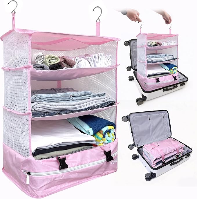 Stow-N-Go Hanging Travel Shelves, Packing Organizer for Luggage. Carry on Closet for Suitcase. Expandable Packing Cube. Travel Essentials. (Pink - XL, XL = (L) 17.7" x (W) 11.8")