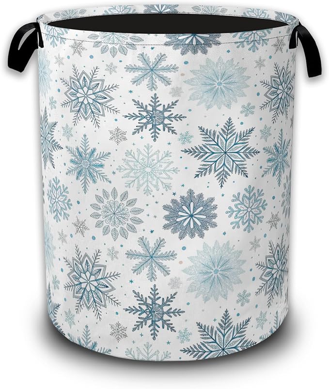Winter Snowflake Laundry Basket,Laundry Hamper Waterproof Oxford Cloth Tote Bag,Clothes Storage Bucket Decorative Toy Organizer for Bathroom Bedroom 16" x 20.8"