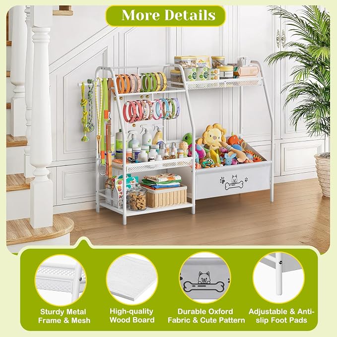 Large Dog Toy Basket with Dog Storage Organizer, Trapezoid Dogs Toy Bin Box with Collar Leash Holder Hook, Toy Holder Chest Pet Storage Cabinet for Living Room, Dogs Essentials for Pet Lovers Gift