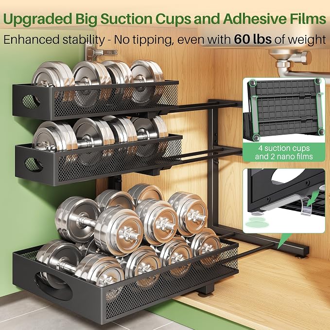 Kitstorack Under Sink Organizer 3-Tier Slide Out Drawer 2-Pack Black | Height Adjustable, Metal Mesh Storage Rack, Pull out Cabinet Organizer Shelf for Bathroom Kitchen Pantry Home Organization