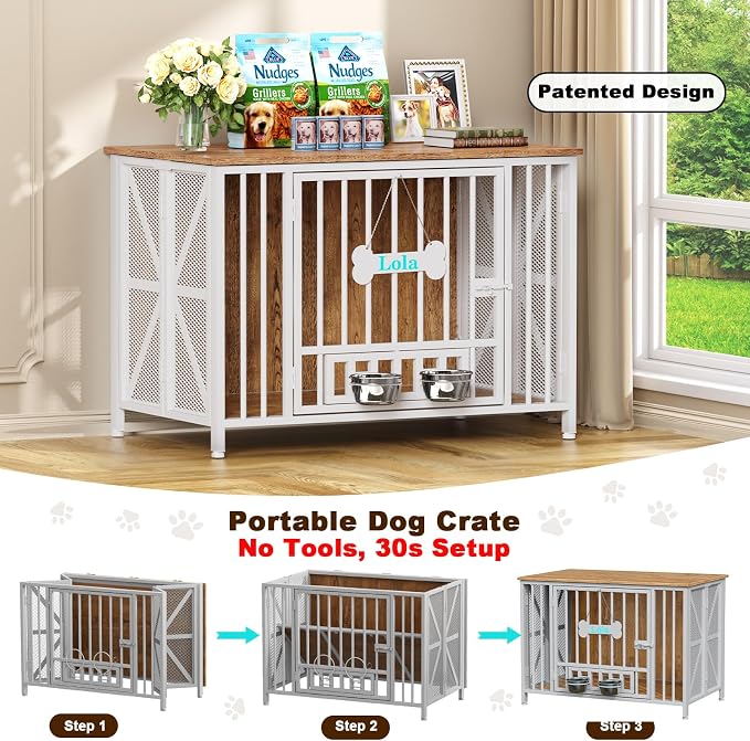 Easycom Foldable Large Dog Crate Furniture, 41.3" Assembly-Free Dog Crates for Large Dogs, Decorative Wooden Dog Kennel Indoor with Tag & Dog Bowls, Dog Cage Use as TV Stand, White & Beech | Foldable Large Dog Crate Furniture for Large Dogs, Wooden Dog...
