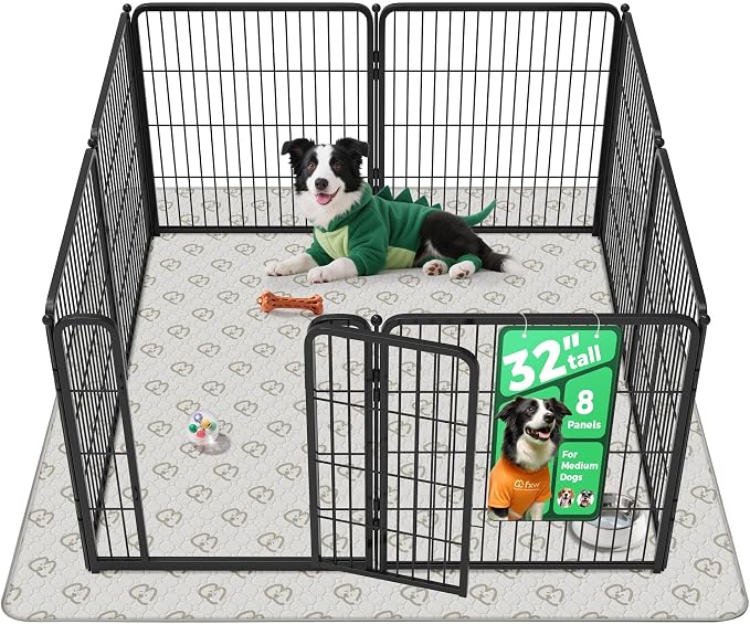 FXW Homeplus Indoor Dog Playpen with Washable Pee Pad, 32" H, 8 Panels | Calm Indoor Play Area, Super Absorbent Pad for Easy Cleanup, for Small & Medium Dogs, Patented