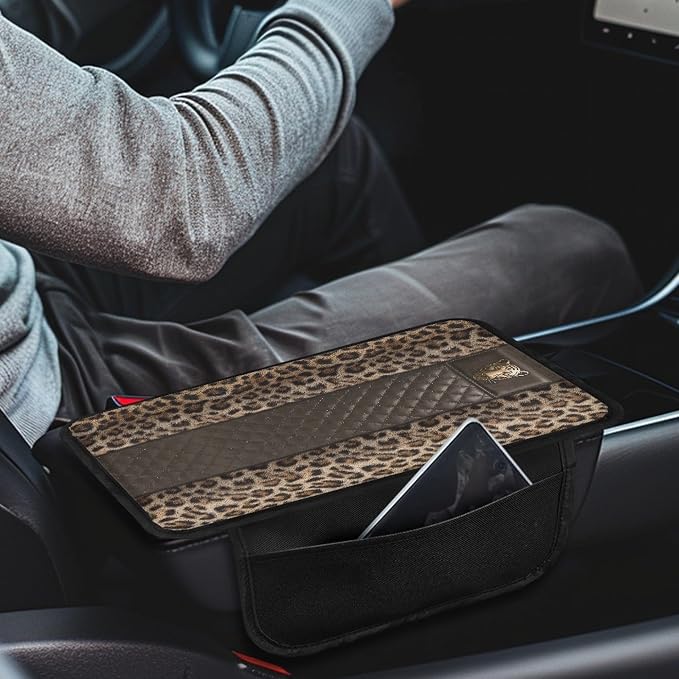 Howilath Universal Armrest Cover Soft Pad for Car Console | Classic Leopard Print Interior Accessories, Machine Washable, with Storage Pockets, Fits Suv and Truck