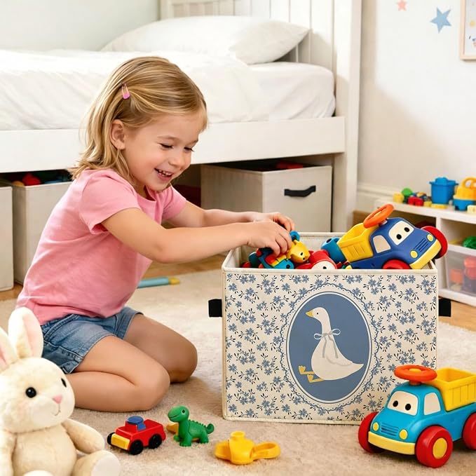 Blue Floral Goose Foldable Fabric Storage Bin for Kids Room | Blue floral cottagecore design; foldable storage basket for toys, books, clothes in nursery, bedroom or playroom.