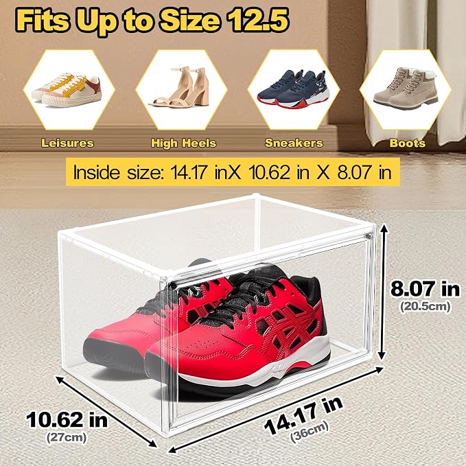 12 Pack Clear Shoe Boxes Plastic Stackable ‌Shoe Cabinet‌,Size 12.5 | Acrylic Magnetic Lids Drop Side Sneaker Display Case for Closet, Entryway, Fits Men's or Women's Shoes up to Size 12.5