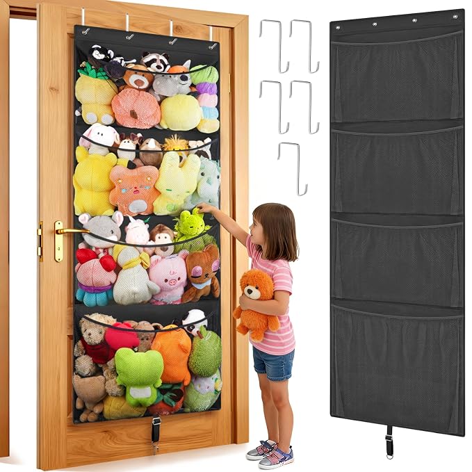 Over Door Stuffed Animal Storage, Hanging Plush Toy Organizer Holder | Behind Door Organizer with 4 Large Pockets, Mesh Hammock Bag for Doll & Bear Stuffies, Idea for Girl Boy Kid Nursery Closet