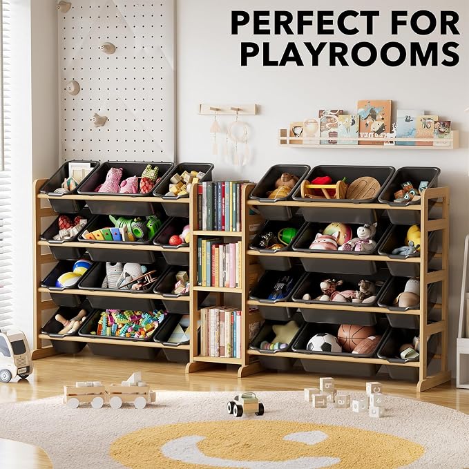 SpaceAid Large Toy Storage Organizer with 24 Bins and 3 Shelves, Toy Organizers Storage Bookshelf, Kids Bin Shelf Box Bookcase for Bedroom Playroom Organization Room Decor, True Black