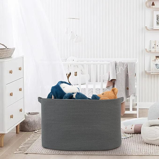 Extra Large Rope Basket, 23.6" x 17" x 12" Rectangle Wicker Baby Laundry Basket, Kids Toy Storage Baskets, Woven Basket for Blankets Clothes Pillows, Laundry Room Organization, Dark Grey