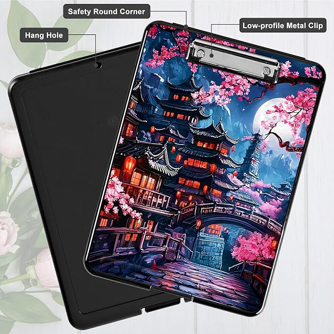 Cherry Blossom House A4 Clipboard with Storage Pen Holder, Clipboards Organizer Nursing Clipboard Foldable File Folder Plastic Clipboard Folio Clip Board for Office Students Classroom