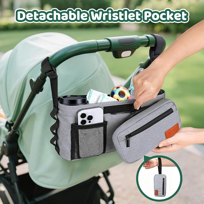 Universal Stroller Caddy with Cup Holder, Stroller Organizer Bag for Travel | Walker Stroller Diaper Bag with Detachable Phone Bag, New Moms Baby Shower Gifts, Accessories Fits for Uppababy, Baby Jogger
