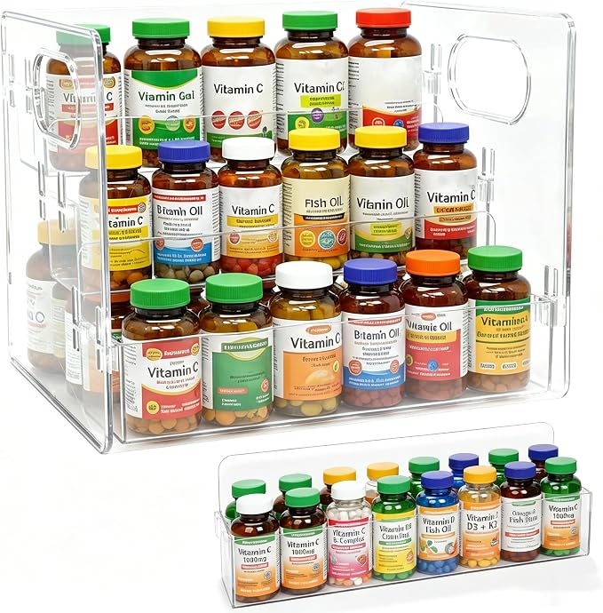 Medicine Bottle Storage Organizer, Pill Bottle Vitamin Organizer for Cabinet 3 Tier Clear Countertop Organizer Storage Rack Easy Access with Removable Shelves
