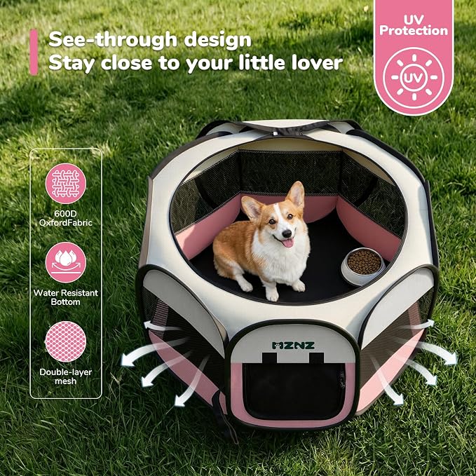 Dog Cat Small Animal Puppy Playpen Crate, Medium, Pink | Portable Pop Up Pet Cage Enclosure Tent Kennel Indoor Outdoor with Carrying Case, No Assembly, Camping Use