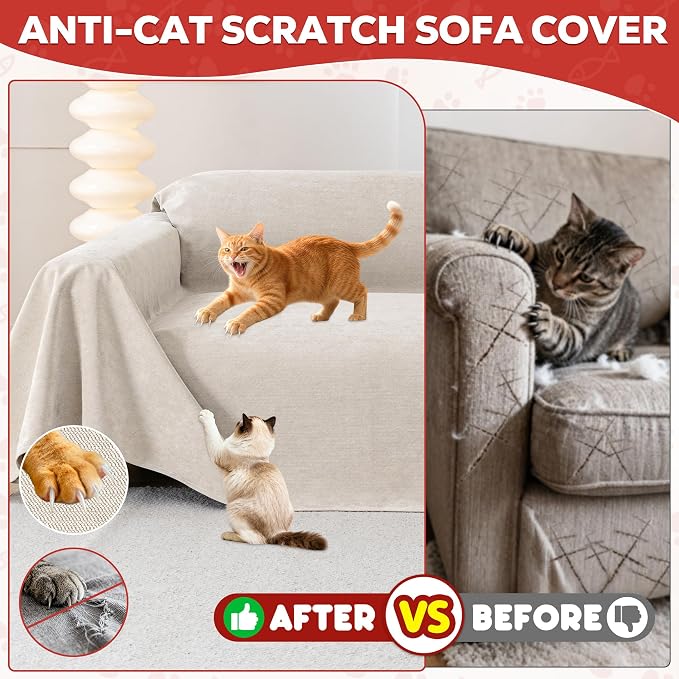 Loiion Cat Scratch Proof Furniture Protector Waterproof Sofa Cover 150"x71" | Pet-Friendly Couch Protector, Anti-Scratch & Anti-Slip Sofa Cover For Cats Dogs Kids, Machine Washable