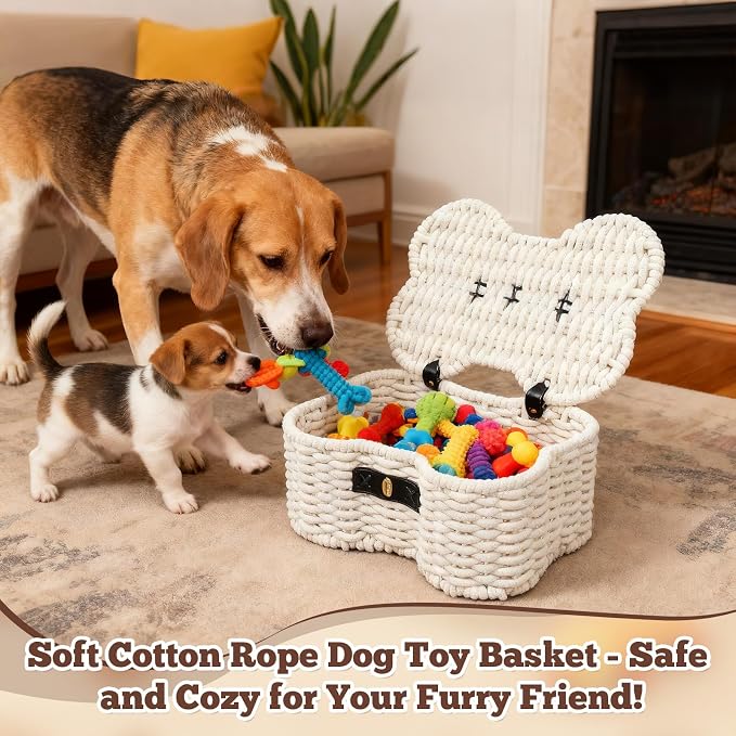 Dog Toys Basket, Cotton Rope Bin Bone Shaped Pet Toys Organizer, Handmade Pet Toy Bin, Woven Baskets for Storage, 14.96" x 11.22" x 6.5"inch