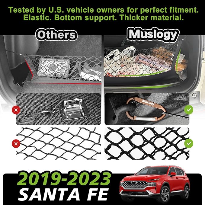 Muslogy Cargo Net for 2019-2023 Hyundai Santa Fe Accessories | Custom Fit, Trunk Storage Organizer Net for SUV Sedan Van Divider, with Heavy Duty Carabiners, Night Visible Grab Handle
