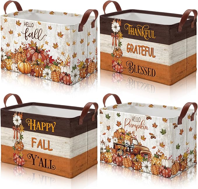 4 Pcs Fall Storage Basket for Gifts Empty Large Pumpkin Storage Bins with Handles 15 x 10 x 8 Fabric Laundry Baskets Autumn Harvest Collapsible Organizer Boxes for Thanksgiving Home Cloth Toys