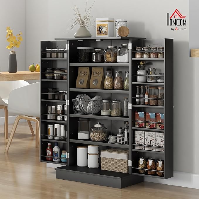 HOMCOM 41" Kitchen Pantry Storage Cabinet 12 Door Shelves Black | Freestanding Kitchen Cabinet, 2 Doors, 5-Tier Shelving, Adjustable Shelves