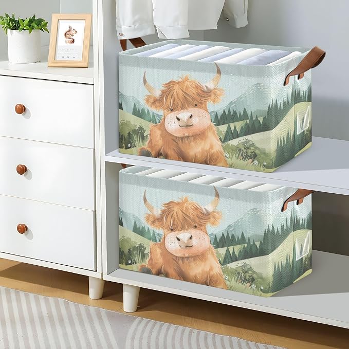 Cute Highland Cow Green Grass Baby Storage Basket with Labels&Handles Rectangular Waterproof Nursery Storage Bins Collapsible Shelf Organizer Baskets for Kids Books Cloth Gift Basket Toys Laundry