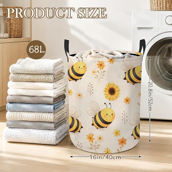Bumble Bee Laundry Basket Oxford Cloth Sunflower Floral Laundry Hamper With Handle Foldable Portable Clothes Storage Basket Storage Bag For Laundry Room/Bathroom/Bedroom/Dormitory 20.8"x16"