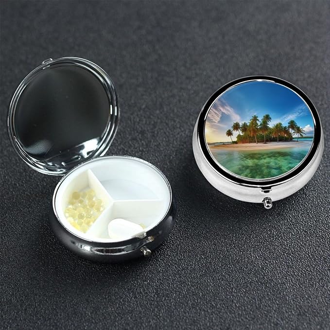 Round Pill Box Overseas Islands Pill Case for Purse & Pocket 3 Compartment Pill Organizer Portable Travel Pillbox Medicine Pill Holder Container for Daily Vitamin Cod Liver Oil Storage