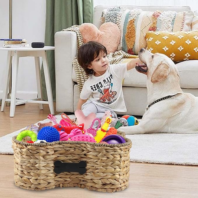 Pet Dog Toy Basket - Bone Shape Storage Bin, Personalized Organizer for Cat Toys, Wicker Holder Box for Living Room, Handmade Water Hyacinth