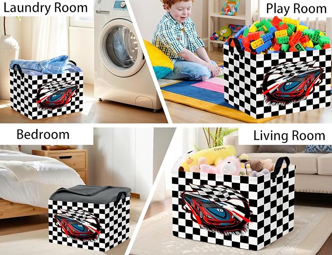 Large Boys Checkered Basket Canvas Kids Toy Storage Bin Nursery Baby Organizing Decor (Check Racing Car)
