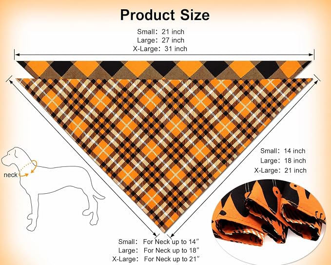Fall Dog Bandanas 2PCS Halloween Pumpkin Spider Web Large Dogs | Reversible dog bandanas for fall & Halloween & Thanksgiving. Orange plaid/pumpkin/Spider Web design. Fits medium-large dog